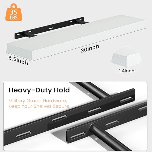 Floating Shelves for Wall, 30 Inch Set of 2 Rustic Wood Wall Shelves with Invisible Brackets, Heavy Duty Storage Display for Living Room Bedroom Kitchen, White