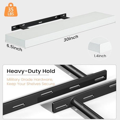 Floating Shelves for Wall, 30 Inch Set of 2 Rustic Wood Wall Shelves with Invisible Brackets, Heavy Duty Storage Display for Living Room Bedroom Kitchen, White