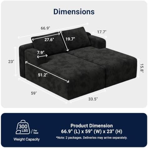 Avenco Modular Sectional Sofa, Boneless Couches for Living Room with Individually Wrapped Coil Support, No Assembly Required, Corduroy Fabric (Black, 67" Sofa Bed)
