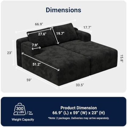 Avenco Modular Sectional Sofa, Boneless Couches for Living Room with Individually Wrapped Coil Support, No Assembly Required, Corduroy Fabric (Black, 67" Sofa Bed)