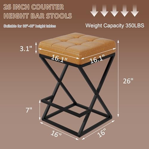 Backless Bar Stools Set of 4, 26 Inch Counter Barstools, PU Brown