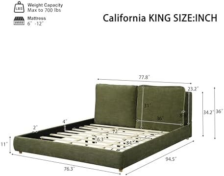 Merax California King Chenille Platform Bed with 2 Pillows, Olive Green