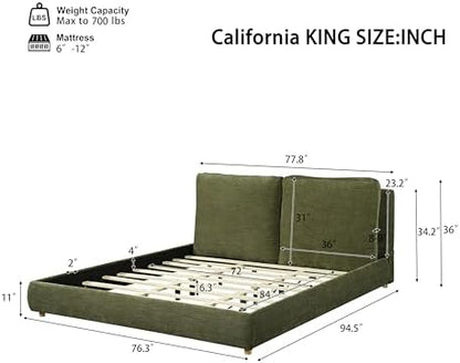 Merax California King Chenille Platform Bed with 2 Pillows, Olive Green