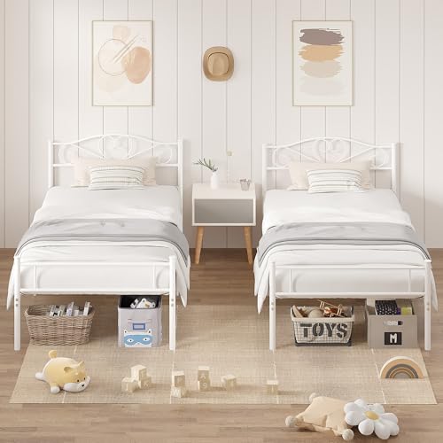 VECELO 14 Inch Twin Size Metal Platform Bed Frame with Headboard and Footboard, Heavy Duty Mattress Foundation with Steel Slats Support, No Box Spring Needed, White