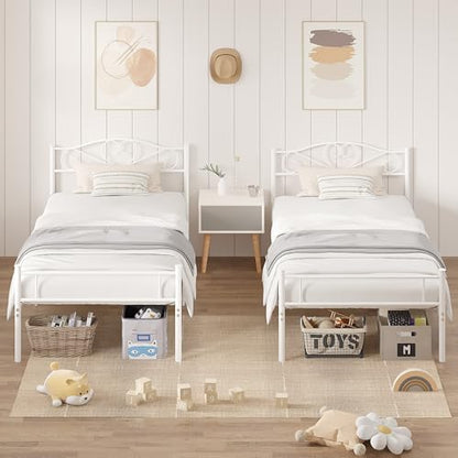 VECELO 14 Inch Twin Size Metal Platform Bed Frame with Headboard and Footboard, Heavy Duty Mattress Foundation with Steel Slats Support, No Box Spring Needed, White