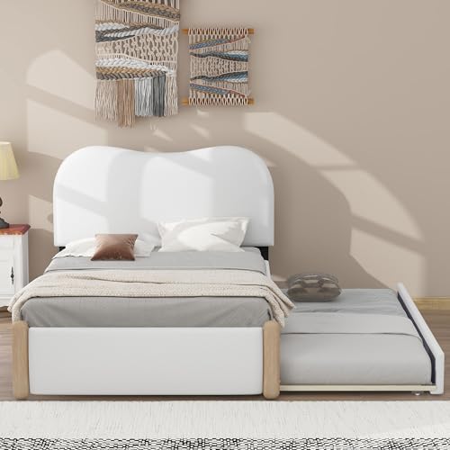 Merax Twin Size Upholstered Platform Bed with Wood Supporting Feet and Twin Size Trundle, White