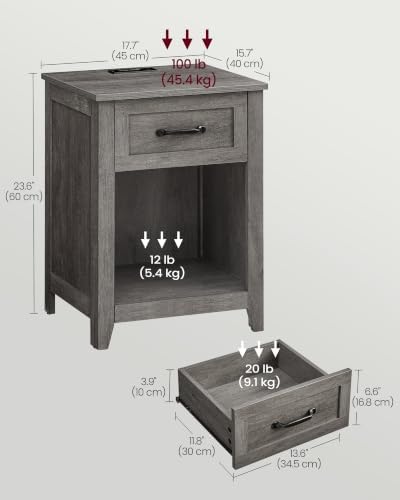 VASAGLE Farmhouse Nightstands with Charging Station, 1 Drawer, Set of 2