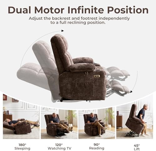 Dual Motor Power Lift Recliner for Elderly with Massage and Heat, Coffee