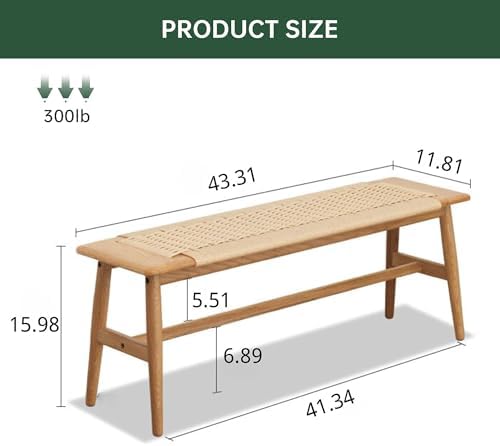 100% Solid Oak Wood Woven Dining Bench