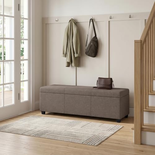 SIMPLIHOME Avalon 54" Wide Linen Look Fabric Storage Ottoman in Fawn Brown