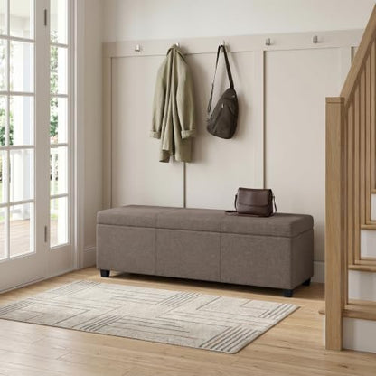 SIMPLIHOME Avalon 54" Wide Linen Look Fabric Storage Ottoman in Fawn Brown