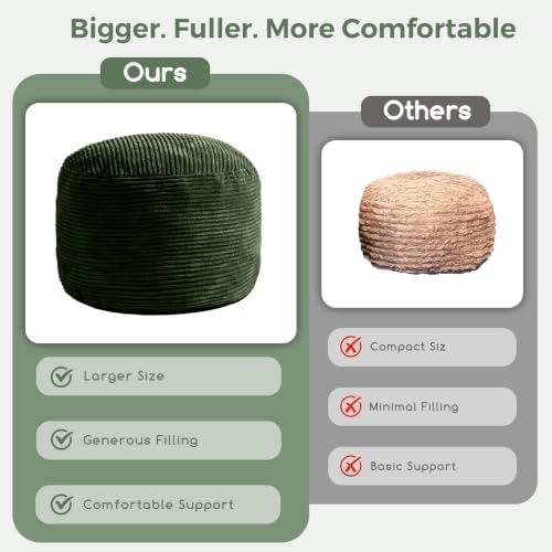 HIGOGOGO Round Stuffed Pouf Ottoman, Corduroy Poufs with Foam Chunk Filling, Furry and Fluffy Pouf Foot Stool Storage Ottoman, 26 X 18 Floor Poufs Foot Rest for Living Room, Dark Green