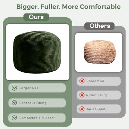 HIGOGOGO Round Stuffed Pouf Ottoman, Corduroy Poufs with Foam Chunk Filling, Furry and Fluffy Pouf Foot Stool Storage Ottoman, 26 X 18 Floor Poufs Foot Rest for Living Room, Dark Green