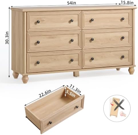 RWYHG 54" Dresser for Bedroom, Farmhouse 6 Drawers Dressers with Gourd Legs