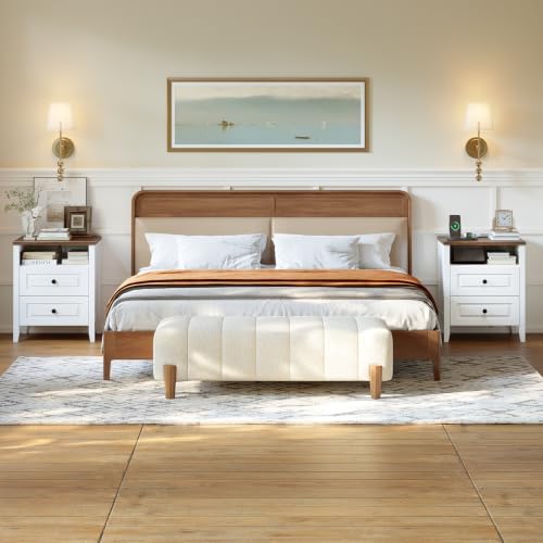ChooChoo Nightstands Set of 2, with Charging Station, White and Walnut