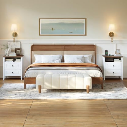 ChooChoo Nightstands Set of 2, with Charging Station, White and Walnut