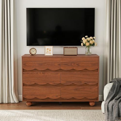 Walnut Scalloped 6 Drawer Dresser, Mid Century Storage Chest of Drawers