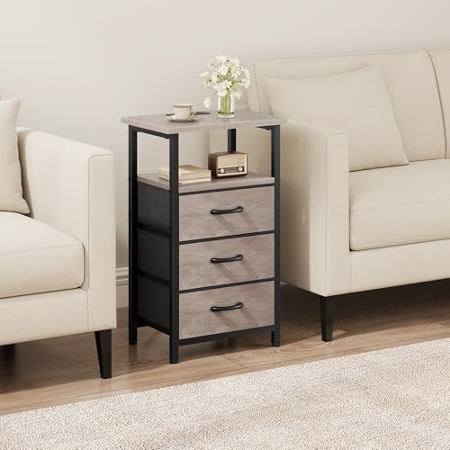 Nightstand with Charging Station, Bedside Table with USB Ports and Outlet, End Table Side Table with 3 Fabric Drawers and Storage Shelf, Bed Side Table Night Stand for Bedroom, Greige