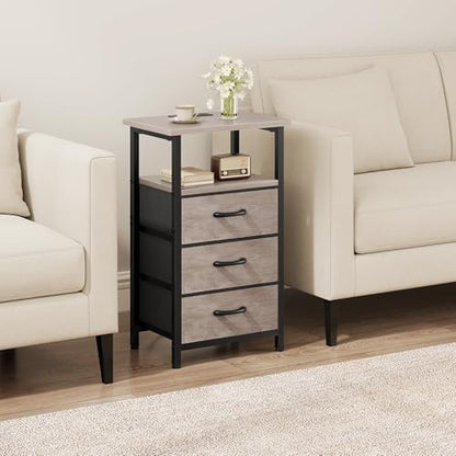 Nightstand with Charging Station, Bedside Table with USB Ports and Outlet, End Table Side Table with 3 Fabric Drawers and Storage Shelf, Bed Side Table Night Stand for Bedroom, Greige