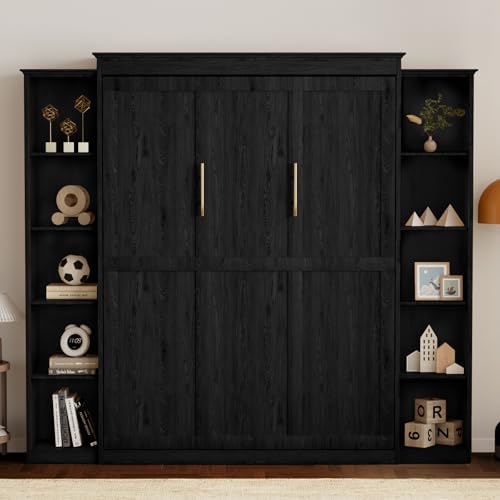 Queen Size Murphy Bed with 2 Storage Cabinet, Farmhouse Wood Hidden Foldable Wall Bed Frame, Space Saving Beds with Shelves, Murphy Bed Queen for Guest Room,Apartment,Office,Bedroom, Black Grey