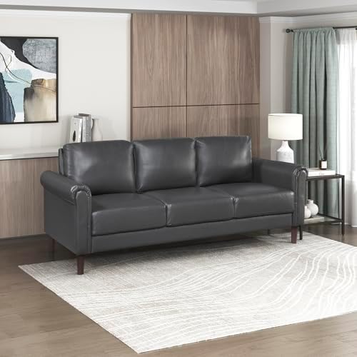 Lexicon Faux Leather Sofa, 3 Seater Couch, Dark Gray