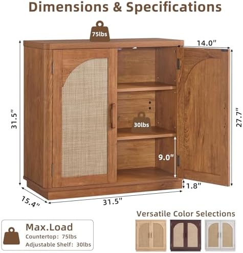 LEYAOYAO Rattan Sideboard Buffet Cabinet with Storage, 63" Coffee Bar Cabinet with 4 Arch Doors & Adjustable Shelves, Wood Console Cabinet, Boho Credenza for Living Room, Kitchen, Brown
