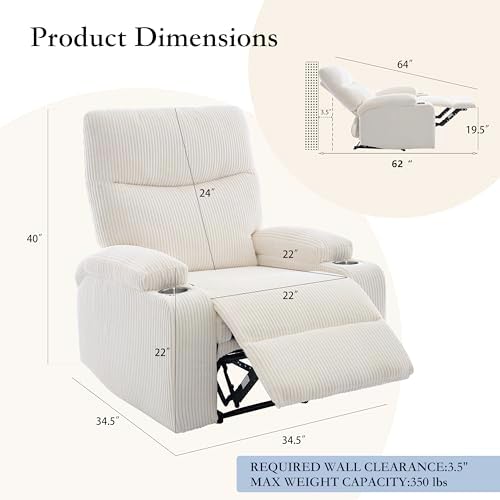 Manual Recliner Chair with Pull Ring, 3 Position 140° Reclining Sofa for Living Room, Nursery, RV, and Office,Oversized Recliner Chairs for Adults(White Corduroy Fabric)