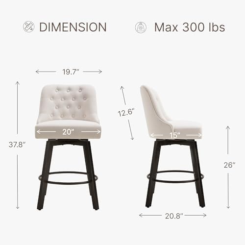 KISLOT Swivel Barstools, 26" Counter Height, 2-Pack, Linen