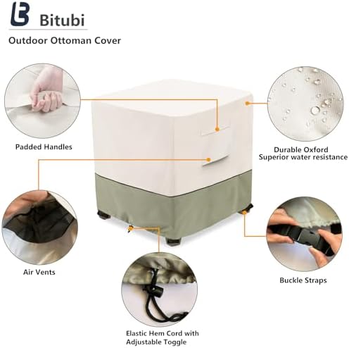 Bitubi Waterproof Patio Ottoman Cover, Heavy Duty Square Outdoor Side Table Furniture Covers Size 22L x 22W x 18H inch (Beige)