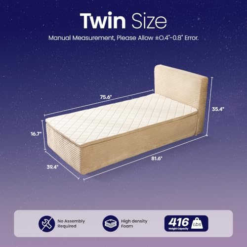 Twin Boneless Bed Frame with Mattress, 16 Inch Memory Foam Mattress with Plush Fabric Upholstered Bed Frame Platform, No Assembly Required,Cool Night & Relieve Pressure with Medium Support, Beige
