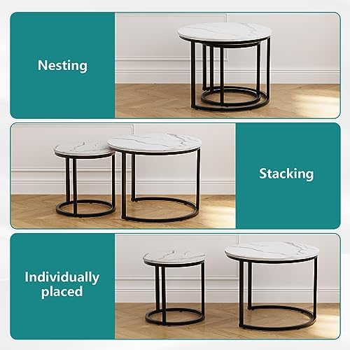 Smuxee White Nesting Coffee Table Set of 2, 23.6" Round Coffee Table Wood Grain Top with Adjustable Non-Slip Feet, Industrial End Table Side Tables for Living Room Bedroom Balcony Yard