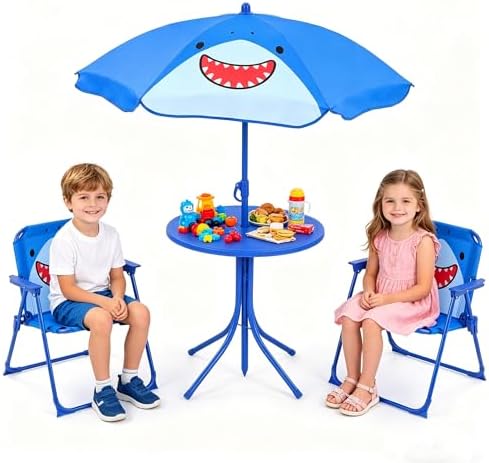 HONEY JOY Kids Picnic Table, Animal Themed Toddler Outdoor Table and Chair Set, 2 Folding Chairs & Removable Umbrella, Children Outdoor Furniture for Backyard Patio Garden (Navy Shark)