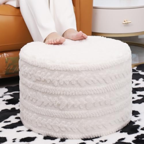 Asuprui Round Footstool Ottoman, 20x14In, Ivory,Hassock,Sofa Couch Footrest