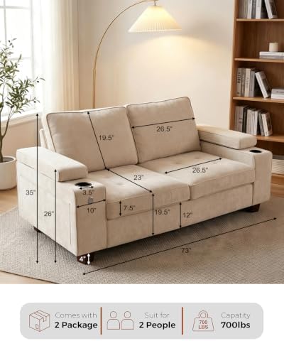 73" Loveseat Sofa, Modern Upholstered Couch for Living Room, Small Space Sofa with Hidden Armrest Storage, USB & Type-C Charging Ports, Adjustable Armrests, Built-in Cup Holders, Beige