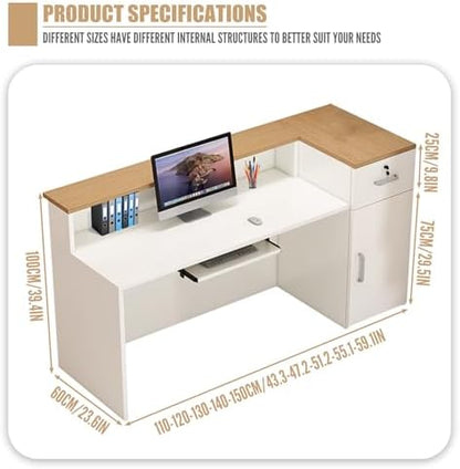 Reception Desk with Counter Modern, 35.4-118.1'', Solid Wood Ecological Board, Large Storage Space,Lockable Storage Drawers, for Salons, Offices, Lobbies, Retail Stores and Home Offices