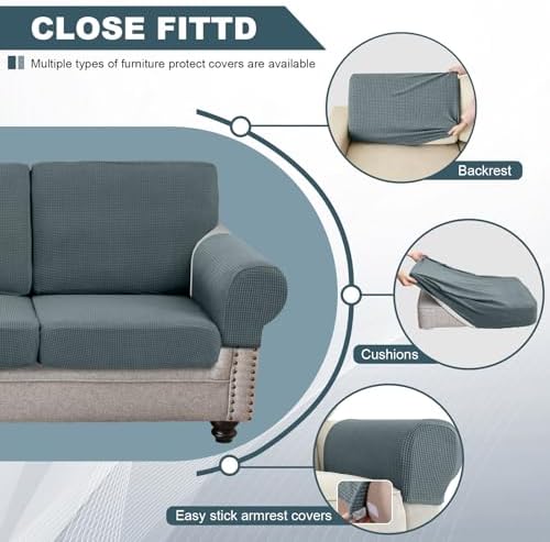 UNBBRRL Seat Cushion Cover and Back Covers for Corner Sofa Stretch Jacquard, Non Slip L Shaped Sofa Slipcover with Storage Ottoman, Sectional Couch Cover for Chaise Lounge (Dusty Blue,24 x 35 x 6”)