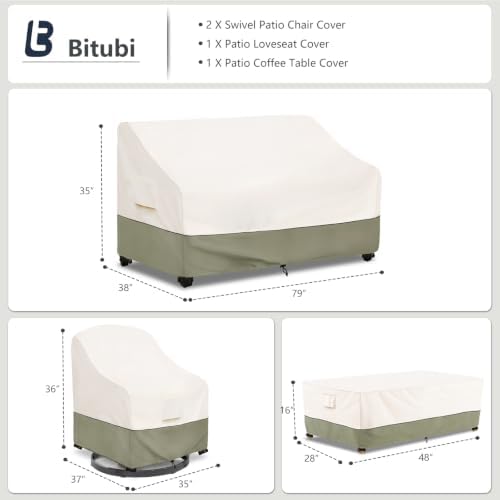 Bitubi Outdoor Waterproof Patio Furniture Covers 4-Piece Set for Swivel Rocker Chairs, Patio 3-Seater Sofa 79in, Coffee Table 48in, Heavy Duty 600D Tough Canvas, Beige