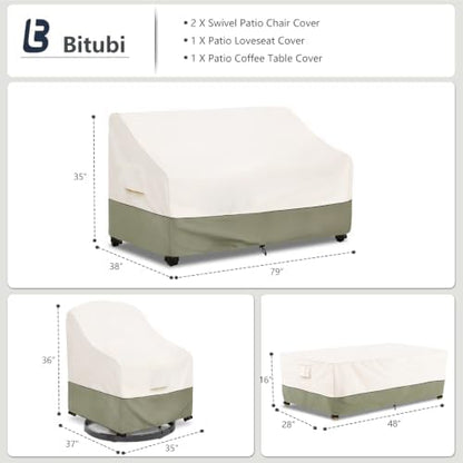 Bitubi Outdoor Waterproof Patio Furniture Covers 4-Piece Set for Swivel Rocker Chairs, Patio 3-Seater Sofa 79in, Coffee Table 48in, Heavy Duty 600D Tough Canvas, Beige