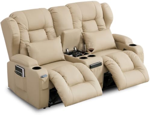 A three-seat beige recliner home theater sofa with extended footrests, matching back cushions, side pillows, built-in cup holders, and a center console with wine glasses on a white background.