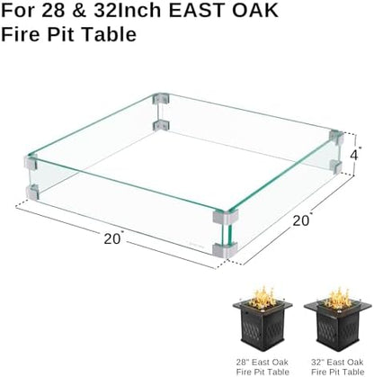 East Oak Glass Wind Guard for 28''&32'' Propane Fire Pit Table, Clear Tempered Wind Guard for Gas Firepit, Thick Rectangle Glass Shield with Aluminum Corner Bracket & Rubber Feet，20 x 20 x 4 inch