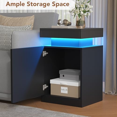 LED Nightstands Set of 2, 17 Inches Night Stand Set 2, Modern Bedside Table with LED Lights, High Gloss Surface, End Table with Storage for Bedroom, Black