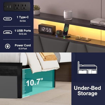 Twin Bed Frame with Storage Drawers & LED Lights, Metal Platform Bed with Charging Station and Upholstered Headboard, 2-Tier Storage Shelf, Noise Free, No Box Spring Needed