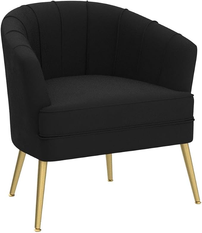 Andeworld Velvet Accent Chair, Upholstered Modern Single Sofa Side Chair,Comfy Barrel Club Living Room Armchair with Golden Metal Legs for Bedroom Living Reading Room Office, Black
