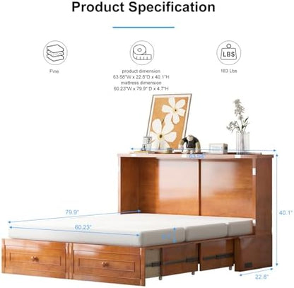 PUREMIND Queen Murphy Bed with Mattress, Hideaway Cabinet Beds with 2 Storage Drawers & Charging Station, Space-Saving Square Shape Murphy Bed Cabinet for Guest Rooms, Cherry