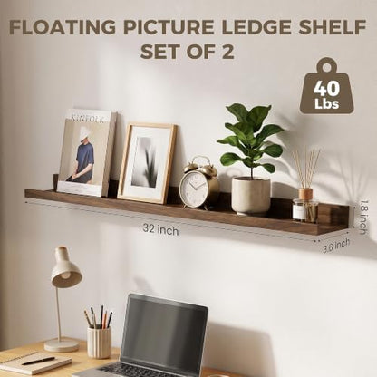 Picture Ledge Shelf, 32'' Walnut Floating Shelves with Lip Set of 2