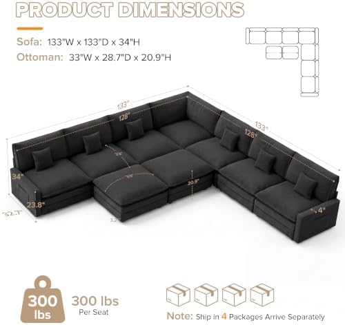 Oversized Modular Sectional Sofa, Cozy Cloud Couch with 2 Ottomans & Corner