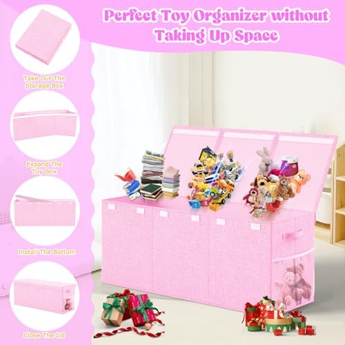 Large Toy Box Storage with Lid, Collapsible Sturdy Toy Chest Bin Pink