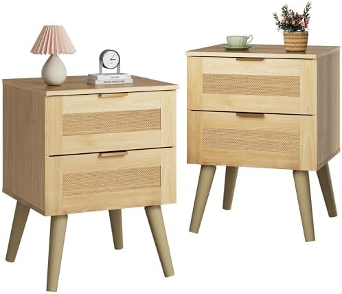 WLIVE Wooden Nightstands Set of 2, Rattan Night Stand with 2 Drawers