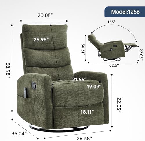 Trustyue Swivel Rocker Recliner Chair, 360° Swivel Recliner with Heat and Massage, Rocker Recliner Nursery Glider Chair with Side Pockets for Living Room (Green1, Fabric)
