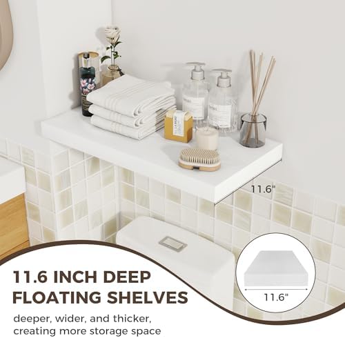 24 x 12 Inch Deep Floating Shelves, 12 Inch Deep Rustic Wooden Book Shelf, Extra Deeper & Thicker Hanging Shelves for Living Room, Bathroom, Bedroom, Kitchen, Office, Set of 3 (White)